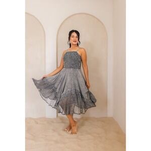 Bohemian Smocked Tiered Midi Dress Gray Floral Lace Boho Gypsy Size Small